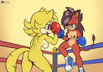 anthro boxing_gloves breasts butt clothing duo female fighting_ring footwear footwear_only genitals gloves green_eyes handwear mostly_nude muscular muscular_female nipples purple_eyes pussy red_body shoes shoes_only yellow_body fourssss sega sonic_the_hedgehog_(series) ellie_the_wolf fan_character sheila_the_lion canid canine canis felid lion mammal pantherine wolf hi_res