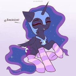 1_horn blue_hair clothed clothed_feral clothing crescent_moon_(marking) cutie_mark dialogue eyelashes eyes_closed eyeshadow feathered_wings feathers female female_feral feral footwear hair highlights_(coloring) horn legwear makeup markings monotone_background moon_(marking) mostly_nude open_mouth open_smile pattern_clothing pattern_footwear pattern_legwear pattern_socks purple_background purple_body purple_clothing purple_eyeshadow purple_footwear purple_highlights purple_horn purple_socks purple_wings quadruped simple_background smile socks solo sparkles sparkling_hair spiral_horn striped_clothing striped_footwear striped_socks stripes teeth text wings nnalyart friendship_is_magic hasbro my_little_pony mythology nightmare_moon_(mlp) equid equine mammal mythological_creature mythological_equine winged_unicorn 1:1 absurd_res digital_drawing_(artwork) digital_media_(artwork) english_text flat_colors hi_res paintstorm_(artwork)