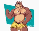 anthro balls_outline barazoku big_pecs blue_eyes bottomwear brown_body brown_fur bulge clothing collar detailed_bulge flexing flexing_bicep fur genital_outline male musclegut muscular muscular_anthro muscular_arms muscular_male navel nipples one_eye_closed pecs penis_outline pubes shorts sideways-pointing_bulge simple_background solo tongue wink yellow_bottomwear yellow_clothing yellow_shorts vier_punksterne banjo-kazooie rareware banjo_(banjo-kazooie) bear mammal 5:4 hi_res