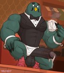 anthro balls beak black_balls black_penis bodily_fluids bow_tie clothing container crouching cum cum_drip cum_in_a_cup cum_in_container cup detailed_background dripping erection genital_fluids genitals humanoid_genitalia humanoid_penis inside male mug muscular muscular_male penis shirt solo topwear yellow_beak wolf-con-f animal_crossing nintendo brewster_(animal_crossing) avian bird columbid pigeon 2021 hi_res
