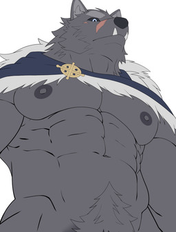 abs anthro black_sclera cape cape_only clothing fangs fur grey_body grey_fur low-angle_view male mostly_nude muscular muscular_anthro muscular_male navel nipples pecs pubes simple_background solo teeth white_background cresxart elden_ring fromsoftware blaidd_(elden_ring) canid canine canis mammal wolf absurd_res hi_res
