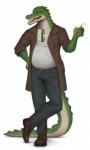 alcohol anthro beer beverage bottomwear clothed clothing denim denim_bottomwear denim_clothing eyewear footwear fully_clothed glass green_body green_scales jeans looking_at_viewer male multicolored_body multicolored_scales open_mouth pants pose scales shoes simple_background smile smiling_at_viewer solo sunglasses sunglasses_on_shirt teeth two_tone_body two_tone_scales white_background white_body white_scales yellow_eyes darkesthound cregon alligator alligatorid crocodile crocodilian reptile scalie absurd_res hi_res