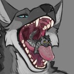 anthro black_nose blue_eyes bodily_fluids brown_eyes cheek_tuft detailed_mouth drooling duo facial_tuft fangs fur grey_background grey_body grey_fur in_mouth male male_pred mouth_closed mouth_shot nude open_mouth oral_vore partially_inside red_tongue saliva saliva_string simple_background striped_arms striped_body striped_fur stripes teeth tongue tuft vore yellow_sclera acidic canid canine fox hyena mammal 1:1