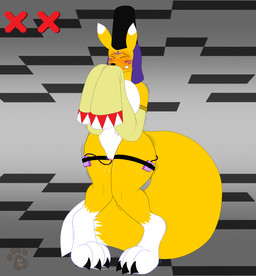 3_toes anal anthro armwear belt big_breasts big_feet big_tail biped blush bodily_fluids breasts claws clenched_teeth clothed clothing covering covering_mouth covering_own_mouth covering_self detached_sleeves dipstick_tail eyes_closed feet female fixed_toy fixed_vibrator fur genital_fluids gui hat headgear headwear heart_eyes heart_symbol huge_breasts knock-kneed long_sleeves markings masturbation mostly_nude multicolored_body multicolored_fur multicolored_tail orgasm sex_toy shaking solo standing tail tail_markings teeth toes trembling two_tone_body two_tone_fur vaginal vaginal_fluids vaginal_fluids_on_ground vibrator white_body white_fur wide_hips yellow_body yellow_fur ky_(malamute) bandai_namco digimon canid canine digimon_(species) mammal taomon 2019 digital_media_(artwork) hi_res