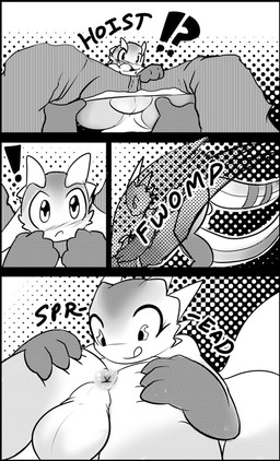 anthro anus balls black_bars butt duo exclamation_point genitals interrobang male penis spreading text white_crest_(artist) taboo_tails_(copyright) eraxa_(character) oasis_(character) allosaurid allosauroid allosaurus dinosaur dracorex marginocephalian ornithischian pachycephalosaurid prehistoric_species reptile saurischian scalie theropod comic english_text letterbox monochrome