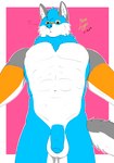 abs anthro balls belly blue_body blue_hair blue_mane blue_nose blue_penis confusion flaccid fluffy fluffy_tail foreskin genitals hair inner_ear_fluff long_tail looking_at_viewer looking_down looking_down_at_viewer male mane muscular muscular_anthro muscular_male orange_eyes outline pecs penis pose short_hair simple_background solo tail tuft white_balls white_belly white_body white_outline neon_lion mythology duncan_barlow_(neon_lion) canid canine canis mammal mythological_canine mythological_creature werecanid werecanine werecreature werewolf wolf hi_res shaded simple_shading