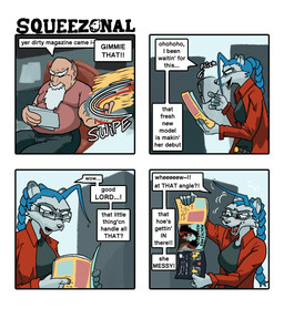 5_fingers anthro beard belt black_bottomwear black_clothing black_pants blue_hair blush bottomwear breasts clothing duo exclamation_point eyewear facial_hair female fingers fur glasses grey_body grey_fur hair holding_eyewear holding_glasses holding_magazine holding_object humor male open_mouth pants question_mark reading shirt sitting speech_bubble standing t-shirt teeth text tongue topwear wearing_glasses white_beard white_facial_hair hieronymusjohnson boss_(hieronymusjohnson) stein_(hieronymusjohnson) dwarf humanoid mammal 2026 aliasing binary_drawing comic digital_drawing_(artwork) digital_media_(artwork) english_text hi_res