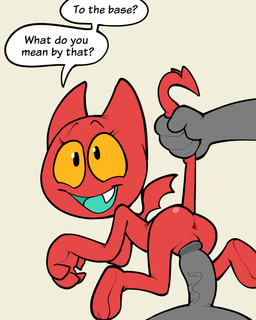 2_horns anus bat_wings cute_fangs duo fangs female genitals green_tongue horn humanoid_genitalia humanoid_penis loli long_tail membrane_(anatomy) membranous_wings penis red_body red_horn red_skin red_wing spade_tail suspended_by_tail tail teeth tongue vaginal wings yellow_sclera young itsunknownanon satina_(series) satina demon hi_res