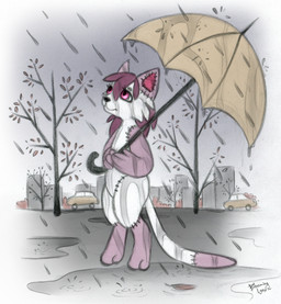 anthro black_nose building car cheek_tuft dipstick_tail eyelashes facial_tuft featureless_crotch female holding_object holding_umbrella markings mouth_closed multicolored_body nude pink_eyes pink_inner_ear plant puddle purple_body purple_ears purple_tail raining solo tail tail_markings tree tuft two_tone_body umbrella vehicle wet wet_body white_body white_tail bloominglynx felid mammal patchwork_creature 2019 hi_res signature traditional_media_(artwork)