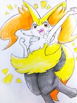 2020 3:4 ambiguous_gender anthro arm_tuft big_ears braixen chest_tuft eiroru emanata fluffy fluffy_tail front_view fur generation_6_pokemon hi_res hip_tuft inner_ear_fluff jumping long_tail looking_at_viewer multicolored_body multicolored_fur multicolored_tail nintendo open_mouth open_smile pink_tongue pokemon pokemon_(species) portrait raised_arm red_eyes semi-anthro shoulder_tuft simple_background smile solo tail three-quarter_portrait tongue traditional_media_(artwork) tuft white_body white_fur