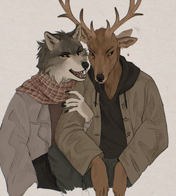 5_fingers anthro antlers black_nose brown_body brown_fur claws clothed clothing coat duo ear_twitch fangs female finger_claws fingers fur grey_body grey_fur hand_on_arm horn humanoid_hands interspecies jacket male male/female open_mouth predator/prey scarf teeth topwear punkintended beastars rtx_on juno_(beastars) louis_(beastars) canid canine canis cervine deer mammal red_deer wolf 2021