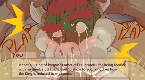 anthro anthro_penetrated barazoku bodily_fluids crying cum cum_in_mouth cum_inside degradation dialogue dialogue_box duo eyebrows face_fucking fellatio fellatio_gesture first_person_view forced genital_fluids gesture horn horn_grab human_on_anthro human_penetrating human_penetrating_anthro humiliation interspecies irrumatio larger_sub male male/male muscular muscular_anthro muscular_male oral oral_penetration penetration penile penis_in_mouth rape sex size_difference slutty_face sound_effects submissive suggestive suggestive_gesture sweat tears tears_of_desperation tears_of_pleasure text pinumontbalou mario_bros nintendo bowser human koopa mammal scalie english_text hi_res