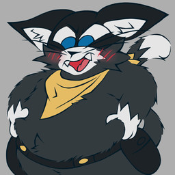 annoyed anthro belly_grab belt black_body black_fur black_nose blue_eyes blush clothing disgust ears_down embarrassed fangs fluffy fur handkerchief kerchief looking_down male markings mask open_mouth overweight overweight_male pivoted_ears shortstack shortstack_male slightly_chubby tail tail_markings teeth utility_belt weight_gain whiskers white_body white_fur yellow_clothing justwatchingthings atlus fattytober megami_tensei persona_(series) persona_5 sega morgana_(persona) domestic_cat felid feline felis mammal tuxedo_cat 1:1 2025 digital_media_(artwork) hi_res