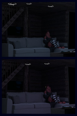 alert anthro arm_warmers armwear clothing creaking electronics female fur furniture leg_warmers legwear red_body red_fur robe shirt sofa solo television topwear flailingfornication origin_species 2:3 3d_(artwork) absurd_res comic digital_media_(artwork) hi_res