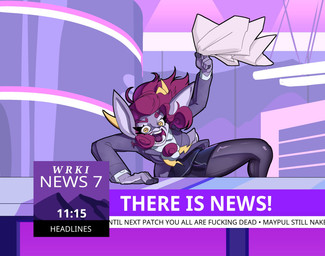 anthro bottomwear chest_tuft clothed clothing electronics female fully_clothed fur grey_body grey_fur hair holding_microphone holding_object horizontal_pupils horn leggings legwear microphone news news_report news_reporter pantyhose profanity pupils purple_hair reporter skirt solo suit text tuft wide_hips yellow_eyes yinigma rivals_of_aether absa bovid caprine goat mammal english_text hi_res