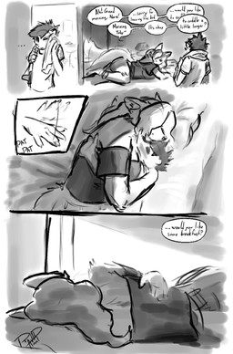 anthro bed bedroom cuddling dialogue drying duo female fluffy fluffy_tail furniture hair male messy_hair tail tail_motion tailwag text ravid_anml nora_seulis_(ravid_anml) tobias_hecaucatl_(ravid_anml) american_opossum canid canine canis mammal marsupial wolf absurd_res comic english_text hi_res