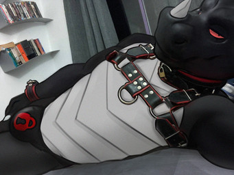 anthro black_body book bookshelf chastity_bulge chastity_device claws collar cuff_(restraint) dorsal_fin dorsal_frill ear_fins fin frill_(anatomy) furniture grey_body harness horn lock lock_bulge lock_symbol male mask multicolored_body null_bulge padlock padlocked_collar photo_background red_eyes restraints spines wearing_chastity_device wings wrist_cuffs fruitbowl mythology negadrake dragon mythological_creature mythological_scalie scalie 2024 draw_over photography_(artwork)