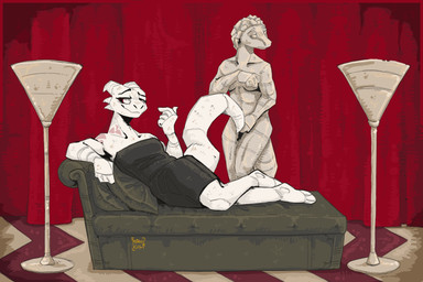 anthro fake_horns female furniture lamp lying lying_on_sofa marble on_sofa raised_tail sculpture smile sofa solo tail white_body mawkvlt julia_serrano_(eumie_de_ville) reptile scalie 3:2 absurd_res hi_res
