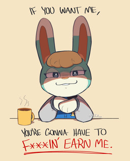 anthro beverage blonde_hair censored_profanity clothed clothed_anthro clothed_male clothing coffee coffee_mug dipstick_ears ear_markings elbows_on_table fur green_body green_fur hair half-closed_eyes hands_together jacket letterman_jacket looking_at_viewer male markings multicolored_ears narrowed_eyes simple_background smile solo text topwear yellow_background wolfaroonii animal_crossing nintendo sasha_(animal_crossing) lagomorph leporid mammal rabbit 2026 absurd_res artist_name english_text hi_res story story_in_description