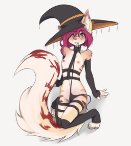 4_toes 5_fingers anthro areola blush breasts clothed clothing feet female female_anthro fingerless_armwear fingers fluffy fur hair hat headgear headwear kemono looking_at_viewer mostly_nude mouth_hold multicolored_body multicolored_fur navel nipples partially_clothed paws short_hair small_breasts solo toeless_legwear toes tinygaypirate felid feline mammal 2023 character_request digital_media_(artwork) hi_res