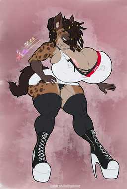 anthro areola areola_slip big_breasts big_butt breasts brown_body brown_fur brown_hair butt clothed clothing dreadlocks ear_piercing ear_ring female footwear fur genitals hair hair_over_eye hand_on_hip hand_on_own_hip high_heeled_sneakers high_heels huge_breasts hyper hyper_breasts legwear looking_at_viewer muscular muscular_anthro muscular_female nipple_outline nipples panties piercing pink_areola platform_footwear platform_heels ring_piercing shoes simple_background smile sneakers solo stockings tail tan_body tan_fur teeth text text_on_clothing text_on_topwear thick_thighs thigh_highs topwear underwear vulva wide_hips bantar2 kyrillian_(storyforge) hyena mammal spotted_hyena 2025 dated english_text hi_res signature