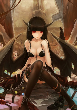 bikini bikini_top black_clothing black_hair black_legwear bottomwear bra breasts clothed clothing colored_nails cross fangs female footwear gift hair horn legwear long_hair looking_at_viewer mary_janes membrane_(anatomy) membranous_wings monster_girl_(genre) nails not_furry panties plushie red_eyes ribbons ruins shoes sitting skimpy skirt smile solo spade_tail swimwear tail teddy_bear teeth thigh_highs two-piece_swimsuit underwear white_clothing white_panties white_underwear wings crazat demon humanoid mammal murid murine rat rodent absurd_res hi_res