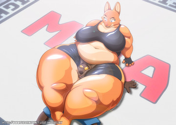 5_fingers anthro belly big_belly big_breasts black_nose bloodshot_eyes bodily_fluids bottomwear bra breasts brown_body brown_fur clothed clothed_anthro clothed_female clothed_male clothing duo female fingerless_gloves fingers fur gloves handwear head_between_thighs huge_breasts huge_thighs humanoid_hands male male/female mma navel orange_body orange_fur overweight overweight_anthro overweight_female pink_nose shorts sports_bra sweat thick_thighs thigh_crush underwear wide_hips xxsparcoxx dreamworks the_bad_guys diane_foxington mr._wolf_(the_bad_guys) canid canine canis fox mammal wolf hi_res