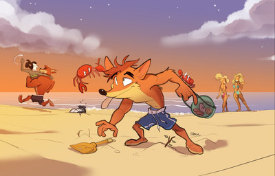 3_toes 4_fingers anthro bag barefoot beach bikini blonde_hair breasts bucket carrying_another carrying_partner clothing collarbone colored_edge_bikini container cybernetic_hand cybernetics detailed_background eyebrows eyewear feet female fingers fur green_eyes group hair hand_on_hip headgear headwear machine male navel orange_body orange_fur paws plantigrade running sand sea shovel silly_face size_difference stick sunset swimming_trunks swimwear tan_body tan_fur toes tools triangle_bikini trio two-piece_swimsuit water selinaeagle activision crash_bandicoot_(series) background_character coco_bandicoot crash_bandicoot crunch_bandicoot tawna_bandicoot yaya_panda arthropod avian bandicoot canid canine canis crab crustacean decapod malacostracan mammal marsupial 2025 brother_(lore) brother_and_sister_(lore) sibling_(lore) sister_(lore)