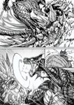 abs biceps blacksaw brute_wyvern capcom claws duo fight flying_wyvern hi_res male membrane_(anatomy) membranous_wings monochrome monster_hunter muscular open_mouth pecs radobaan roaring scales sharp_teeth spikes teeth tigrex triceps wings