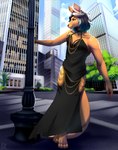 anthro black_claws black_clothing black_hair city city_background claws clothed clothing crossdressing fur hair male solo tail tan_body tan_fur bambudess hollow_hip_backless_chain_dress meme_clothing renkai_akura kangaroo macropod mammal marsupial absurd_res digital_media_(artwork) hi_res meme