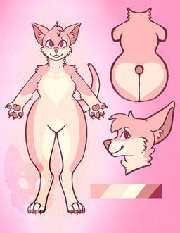 anthro biped butt butt_heart digitigrade female fur heart_(marking) markings naturally_censored pawpads pink_body pink_fur solo standing strawberrymilkdog taffy_(strawberrymilkdog) canid canine canis chihuahua domestic_dog mammal toy_dog 2021 colored hi_res model_sheet