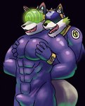 abs anthro balls_bulge brainwashing bulge duo erection full_body_suit fur green_body green_fur green_wolf_villain_(live_a_hero) grope groping_chest hypnosis latex_suit male mind_control pecs haha-yea lifewonders live_a_hero vulpecula wolf_villain_(live_a_hero) canid canine canis fox mammal wolf hi_res