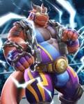 5_fingers anthro biceps black_body black_scales blurred_background bulge chain clothing detailed_bulge electricity fighting_ring fingers glowing glowing_eyes horn humanoid_pointy_ears legwear lightning male mask multi_ear musclegut muscular pecs pointy_and_animal_ears pointy_ears red_body red_scales scales smile solo sports_mask sportswear tail tights wrestler wrestling_belt wrestling_clothing wrestling_mask wrestling_outfit takahirosi mythology kassn dragon mythological_creature mythological_scalie scalie 2021 absurd_res hi_res