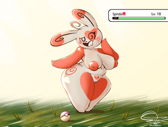 anthro big_breasts big_butt blush bottom_heavy breasts butt curvy_figure female front_view gameplay_mechanics genitals grass hand_on_head heart_symbol inverted_nipples light looking_at_viewer multicolored_body nipples nude plant pokeball pokemorph red_body seductive short_stack side_view simple_background slightly_chubby solo thick_thighs vulva white_body wide_hips gdseraphim nintendo pokemon generation_3_pokemon lagomorph leporid mammal pokemon_(species) rabbit spinda absurd_res hi_res lighting