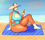 anthro beach bedroom_eyes big_breasts breasts cleavage cleavage_cutout clothed clothing curvy_figure cutout dialogue dipstick_tail erect_nipples female hat headgear headwear holding_object hourglass_figure huge_breasts huge_thighs looking_at_viewer markings narrowed_eyes navel navel_outline nipple_outline nipples one-piece_swimsuit seaside seductive sitting small_waist solo sun_hat sunscreen swimwear tail tail_markings text thick_thighs voluptuous wide_hips jigglephysics animal_crossing nintendo audie_(animal_crossing) canid canine canis mammal wolf absurd_res english_text hi_res