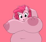 anthro belly big_breasts breasts female hands_behind_head huge_breasts looking_at_viewer looking_down low-angle_view overweight pink_background simple_background slightly_chubby solo freezietype friendship_is_magic hasbro my_little_pony pinkie_pie_(mlp) equid equine horse mammal hi_res