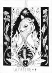 2_fingers ambiguous_gender anthro bone candle card card_template fingers fortune_telling looking_at_viewer major_arcana simple_background solo tarot tarot_card the_priestess_(tarot) wax daisypinkpaws deer mammal black_and_white digital_media_(artwork) hi_res monochrome