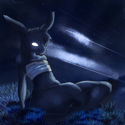 ambiguous_gender anthro bandage bottom_heavy glowing glowing_eyes grass hair leaning leaning_backward light messy_hair moody_lighting moonlight mostly_nude night plant sky solo star starry_sky thick_thighs wide_hips jimhongdingdong lagomorph mammal 1:1 hi_res