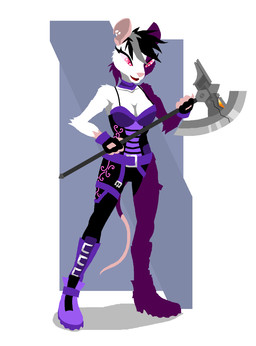 anthro axe bare_shoulders battle_axe belt biped black_hair boots breasts cleavage clothed clothing fantasy_weapon female fingerless_gloves footwear fully_clothed gloves hair handwear melee_weapon open_mouth pink_eyes shoes solo standing weapon phlegraofmystery mammal murid murine rat rodent hi_res