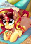 alcohol beach beverage blue_eyes cocktail cutie_mark detailed_background eyelashes eyewear female feral hair hooves horn lying multicolored_hair multicolored_tail nude on_front on_towel outside sand seaside sky solo sunglasses tail towel two_tone_hair water adlynh equestria_girls hasbro my_little_pony mythology sunset_shimmer_(eg) equid equine mammal mythological_creature mythological_equine unicorn 2017