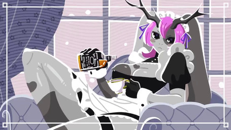 alcohol anthro antlers beverage bouncing_breasts breasts cleavage clothed clothing container cup female furniture grey_body hair heart_symbol horn maid_headdress maid_uniform pink_hair snow sofa solo tea_cup thick_thighs uniform whiskey window lp8000mao lagomorph leporid mammal rabbit 16:9 animated no_sound short_playtime video widescreen