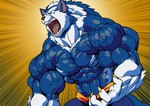 abs anthro biceps big_muscles blue_body blue_fur bottomwear claws clothed clothing empty_eyes fur hair huge_muscles male muscular muscular_arms muscular_male pants pecs roaring sash simple_background solo teeth topless topless_anthro topless_male vein veiny_muscles pokkuti capcom darkstalkers mythology jon_talbain canid canine mammal mythological_canine mythological_creature werecanid werecanine werecreature werewolf