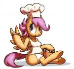 anthro anthrofied apron biped bottomless breasts chef_hat clothed clothing feathered_wings feathers female food hair hat headgear headwear looking_at_viewer orange_body orange_feathers purple_eyes purple_hair simple_background sitting smile solo white_background wings young tg-0 friendship_is_magic hasbro my_little_pony mythology scootaloo_(mlp) equid equine mammal mythological_creature mythological_equine pegasus