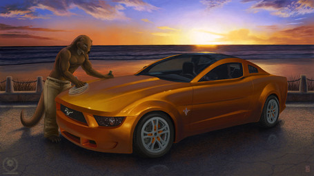 4_toes 5_fingers anthro barefoot beach biped bottomwear brown_body brown_fur car claws clothed clothing cloud detailed_background feet fingers fur hindpaw holding_object male muscular muscular_anthro muscular_male outside pants paws polishing rag realistic reflection seaside sky solo sun sunset tail toe_claws toes toony topless vehicle kacey ford ford_mustang lunden mammal mustelid otter 16:9 2011 detailed digital_media_(artwork) widescreen