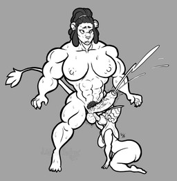 abs anthro ball_suck balls biceps big_breasts big_penis biped black_hair bodily_fluids breasts cheek_bulge claws cum cumshot dreadlocks duo ear_piercing ear_ring ejaculation erection foreskin genital_fluids genitals gynomorph hair headdress intersex kneeling looking_pleasured montgomery_glands muscular muscular_anthro muscular_gynomorph muscular_intersex nipples nude open_mouth oral partially_retracted_foreskin penis piercing pubes ring_piercing sex simple_background standing sucking sweat thick_thighs vein veiny_penis wittless-pilgrim remusa_(liarborn) felid human lion mammal pantherine 2019 digital_drawing_(artwork) digital_media_(artwork) monochrome signature watermark