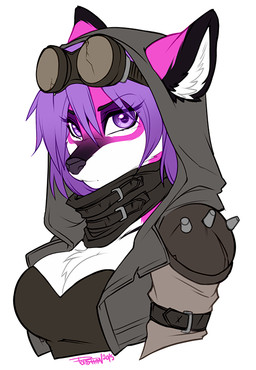 2015 anthro black_body black_fur breasts bust_portrait canid canine chest_tuft cleavage clothed clothing collar digital_media_(artwork) eyebrows eyelashes eyeshadow eyewear female fox fur furgonomics goggles hair hood inner_ear_fluff looking_at_viewer makeup mammal multicolored_body multicolored_fur pink_body pink_fur pollo-chan portrait purple_eyes purple_hair selene_leni signature simple_background solo tuft white_background white_body white_fur