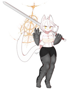 anthro armor breast_squish breasts clothed clothing ear_piercing female fur furgonomics gauntlets gesture gloves greaves hair hand_gesture handwear inner_ear_fluff melee_weapon navel partially_clothed piercing shirtless simple_background solo squish sword tuft v_sign weapon white_background white_body white_fur white_hair wrappings yellow_eyes zweihander tfwnocatgirlgf elden_ring fromsoftware ash_(tfwnocatgirlgf) domestic_cat felid feline felis mammal absurd_res hi_res watermark