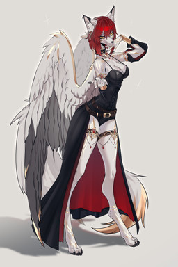anthro bangle_bracelet beckoning bedroom_eyes belt bottomwear clothed clothing corset dress elegant elegant_pose female gesture golden_markings hair jewelry lingerie multicolored_body narrowed_eyes red_bottomwear red_clothing red_hair red_skirt seductive skirt solo topwear two_tone_body two_tone_wings wings yellow_eyes khomche hikari_teruki angel canid canine canis fox mammal seraph_(angel) wolf 2:3 absurd_res hi_res
