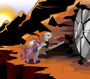 blue_eyes clothing cutie_mark door duo feathered_wings feathers female feral fur grey_body grey_fur hair horn magic male melee_weapon mountain musical_note musical_symbol outside pink_eyes purple_body purple_fur quadruped red_hair shirt simple_background sun sunset sword symbol tail topwear weapon white_hair wings hereticofdune fallout hasbro microsoft my_little_pony mythology cloudy_melody fan_character silver_cloud equid equine mammal mythological_creature mythological_equine pegasus unicorn 2012 crossover hi_res