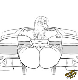 anthro big_butt bikini bottomless bottomless_anthro breasts butt car clothed clothing crouching curvy_figure ear_piercing ear_ring facial_piercing female fishnet_clothing fishnet_stockings footwear genitals hair high_heels hoop_ear_ring long_hair looking_back nose_piercing nose_ring piercing platform_footwear platform_heels rear_view ring_piercing septum_piercing septum_ring shoes solo swimwear tattoo text tramp_stamp two-piece_swimsuit vehicle vulva wide_hips isazicfazbear lamborghini_murcielago species_request 2020 digital_drawing_(artwork) digital_media_(artwork) english_text hi_res line_art monochrome sketch